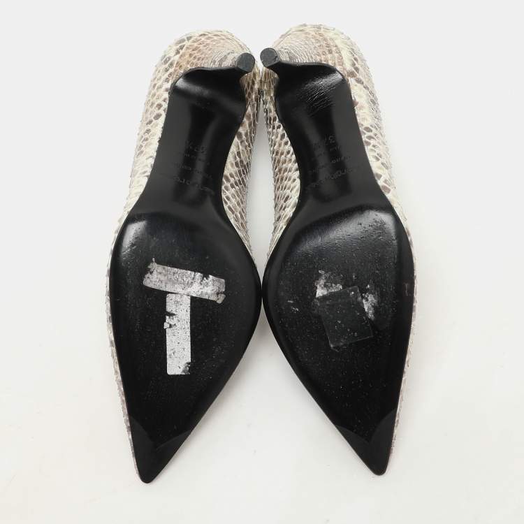 Pre Owned Sergio Rossi Grey Shimmer Python Leather Pointed Toe Pumps Size 37.5