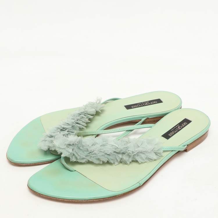 Pre Owned Sergio Rossi Green Leather and Polyester Thong Flats Size 39