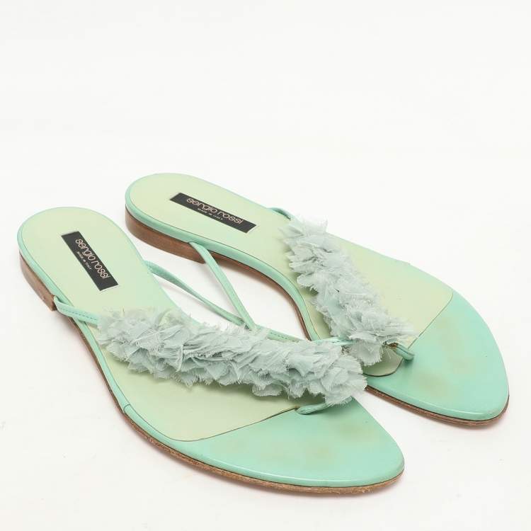 Pre Owned Sergio Rossi Green Leather and Polyester Thong Flats Size 39
