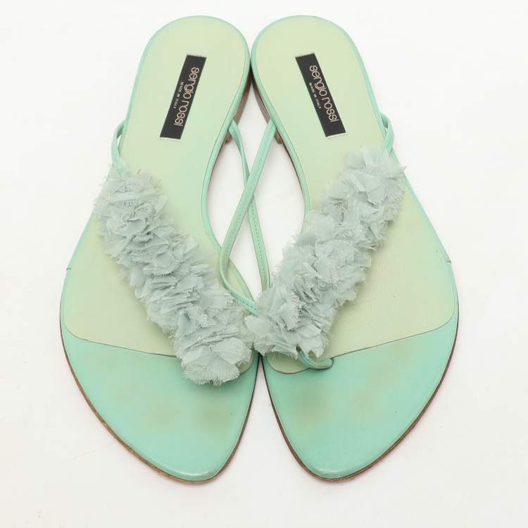Pre Owned Sergio Rossi Green Leather and Polyester Thong Flats Size 39