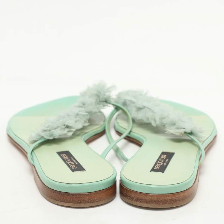 Pre Owned Sergio Rossi Green Leather and Polyester Thong Flats Size 39