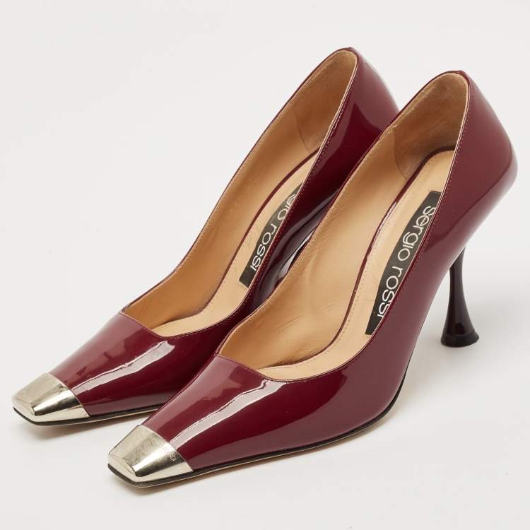 Pre Owned Sergio Rossi Burgundy Patent Leather Metal Detail Square Toe Pumps Size 37