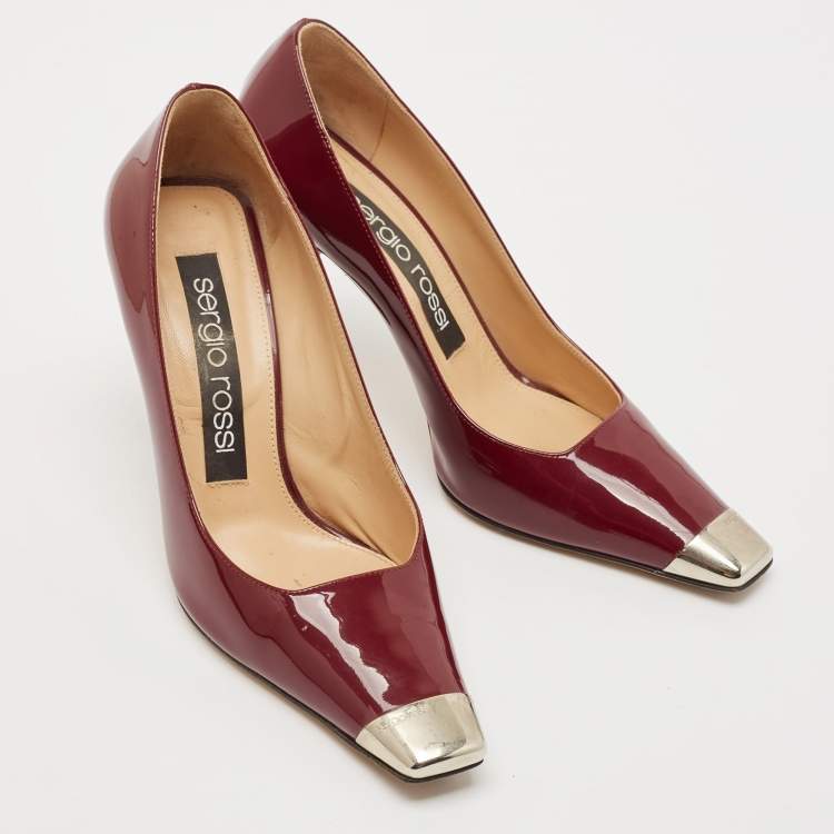 Pre Owned Sergio Rossi Burgundy Patent Leather Metal Detail Square Toe Pumps Size 37