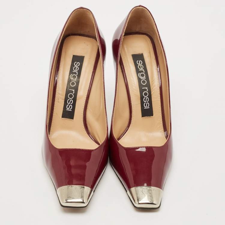 Pre Owned Sergio Rossi Burgundy Patent Leather Metal Detail Square Toe Pumps Size 37