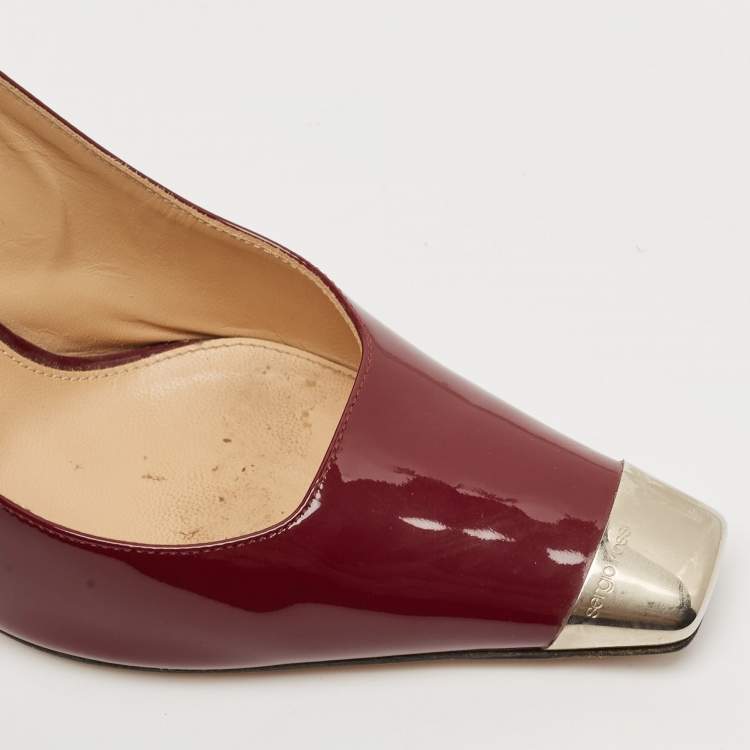 Pre Owned Sergio Rossi Burgundy Patent Leather Metal Detail Square Toe Pumps Size 37