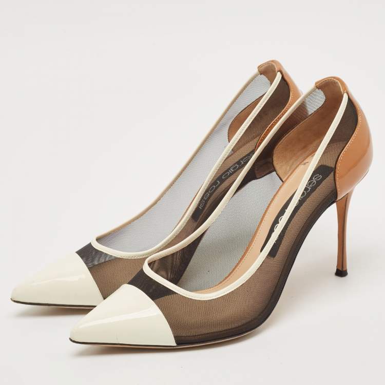 Pre Owned Sergio Rossi White/Brown Mesh and Patent Leather Pointed Toe Pumps Size 40.5