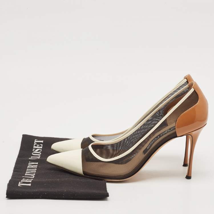 Pre Owned Sergio Rossi White/Brown Mesh and Patent Leather Pointed Toe Pumps Size 40.5