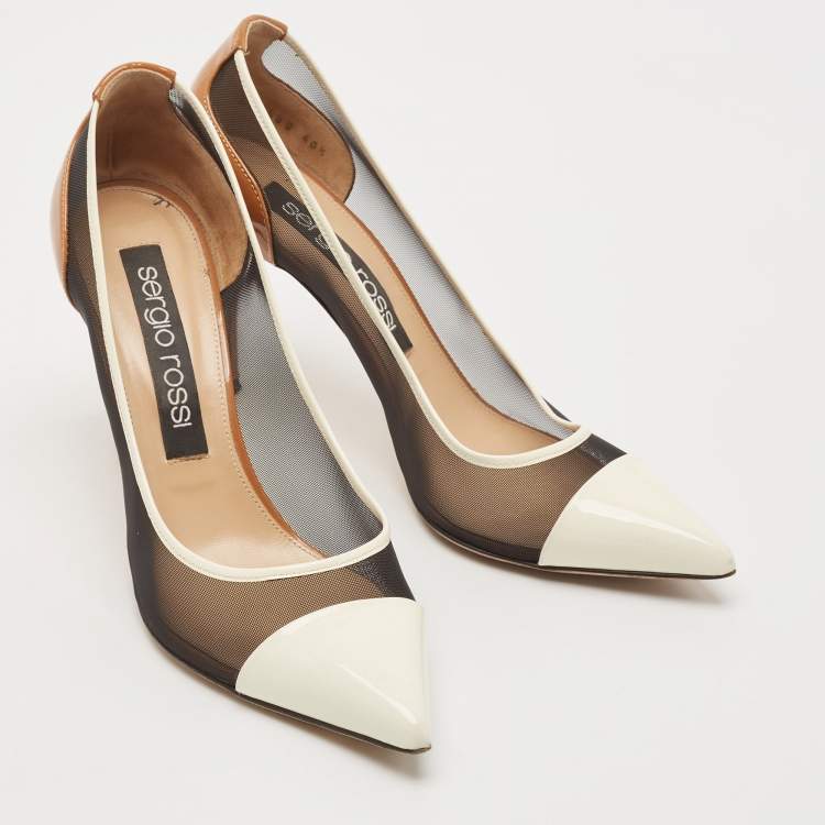 Pre Owned Sergio Rossi White/Brown Mesh and Patent Leather Pointed Toe Pumps Size 40.5