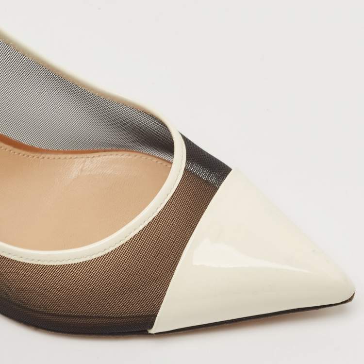 Pre Owned Sergio Rossi White/Brown Mesh and Patent Leather Pointed Toe Pumps Size 40.5
