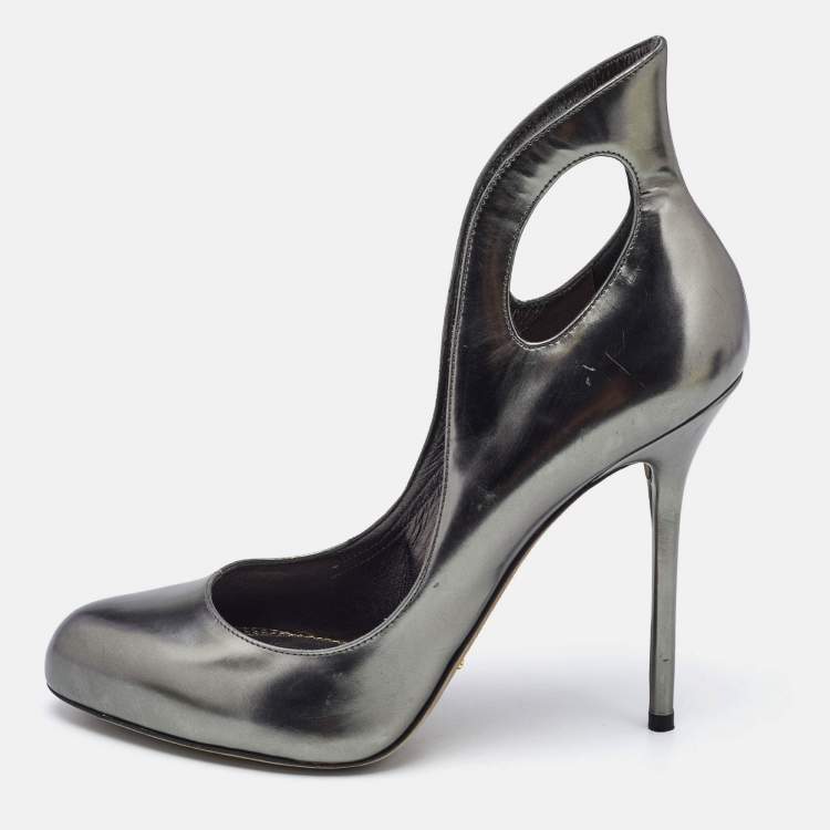 Pre Owned Sergio Rossi Metallic Leather Oblo Cut Out Pumps Size 38