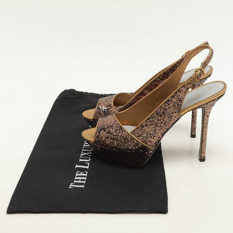 Pre Owned Sergio Rossi Metallic Glitter Slingback Platform Sandals Size 40.5