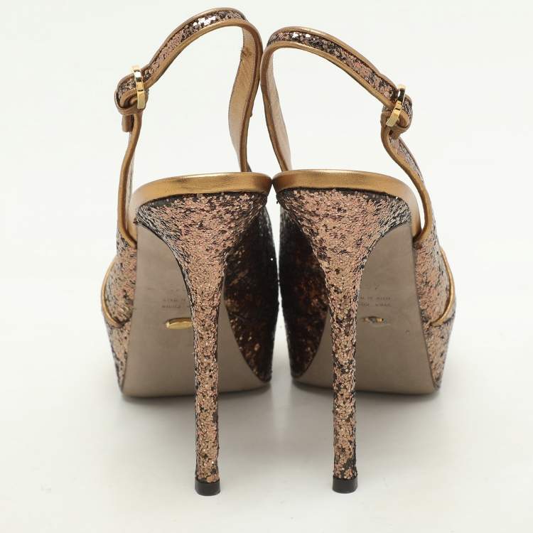 Pre Owned Sergio Rossi Metallic Glitter Slingback Platform Sandals Size 40.5