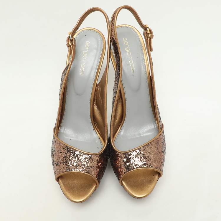 Pre Owned Sergio Rossi Metallic Glitter Slingback Platform Sandals Size 40.5
