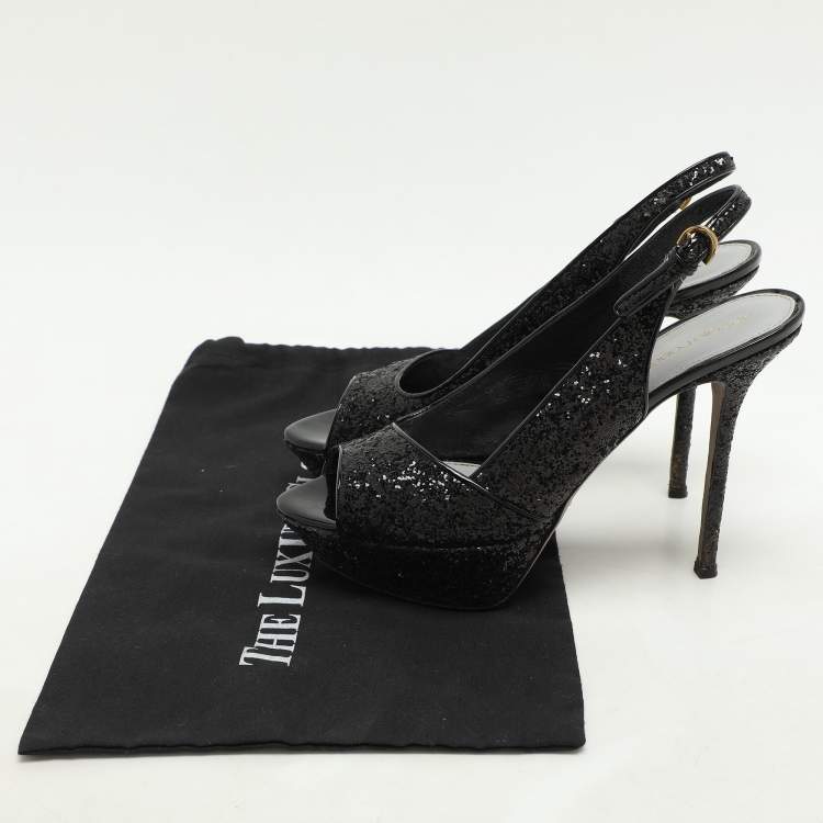 Pre Owned Sergio Rossi Metallic Black Glitter Slingback Platform Sandals Size 41