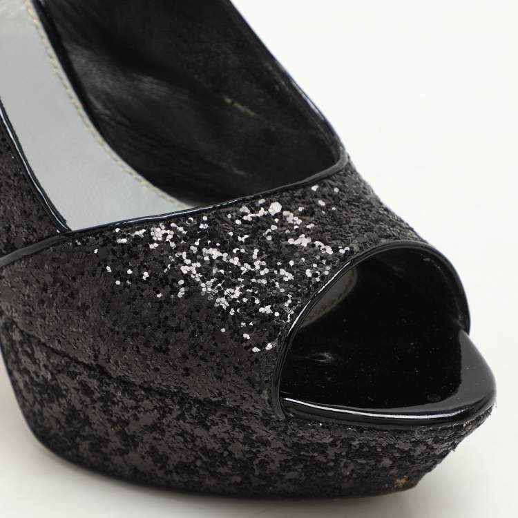 Pre Owned Sergio Rossi Metallic Black Glitter Slingback Platform Sandals Size 41