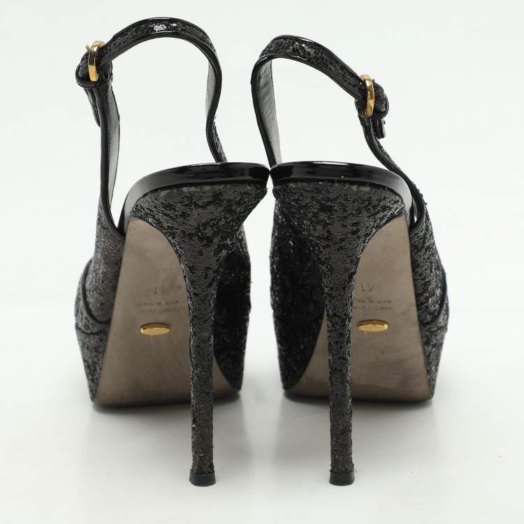 Pre Owned Sergio Rossi Metallic Black Glitter Slingback Platform Sandals Size 41