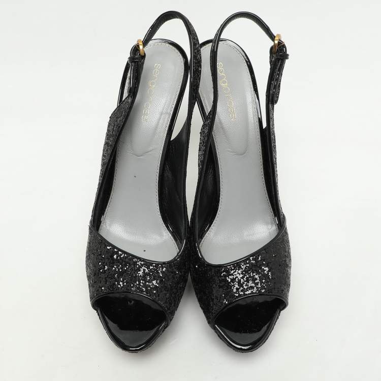 Pre Owned Sergio Rossi Metallic Black Glitter Slingback Platform Sandals Size 41