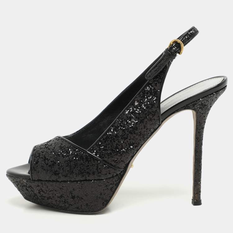 Pre Owned Sergio Rossi Metallic Black Glitter Slingback Platform Sandals Size 41