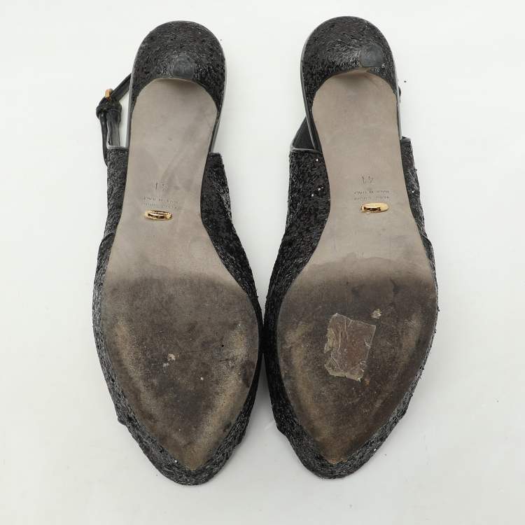 Pre Owned Sergio Rossi Metallic Black Glitter Slingback Platform Sandals Size 41