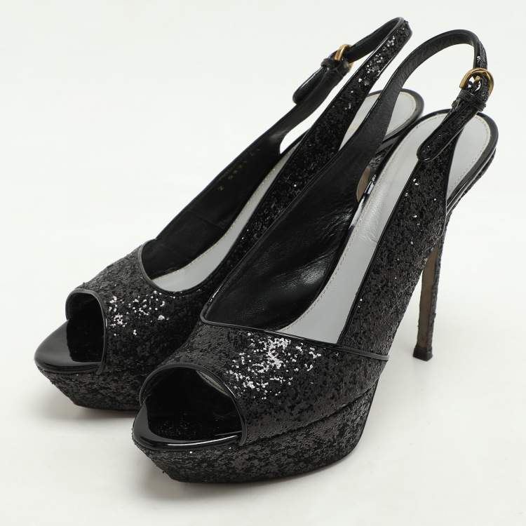 Pre Owned Sergio Rossi Metallic Black Glitter Slingback Platform Sandals Size 41