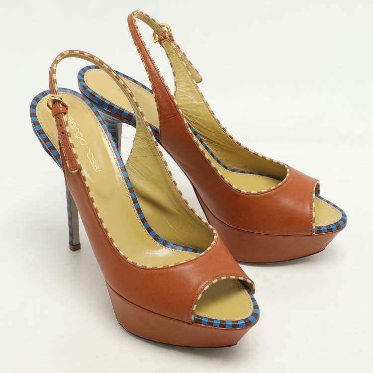 Pre Owned Sergio Rossi Brown Leather Platform Slingback Pumps Size 40