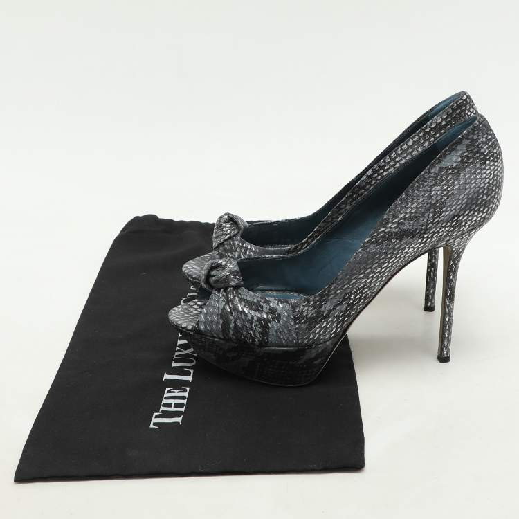 Pre Owned Sergio Rossi Grey/Black Python Knotted Peep Toe Platform Pumps Size 41