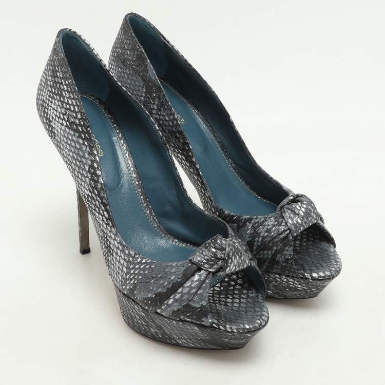 Pre Owned Sergio Rossi Grey/Black Python Knotted Peep Toe Platform Pumps Size 41