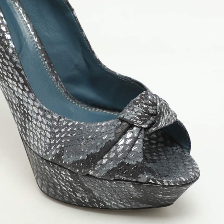 Pre Owned Sergio Rossi Grey/Black Python Knotted Peep Toe Platform Pumps Size 41