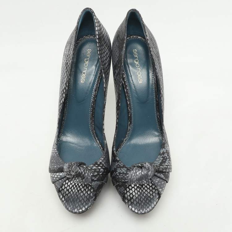 Pre Owned Sergio Rossi Grey/Black Python Knotted Peep Toe Platform Pumps Size 41