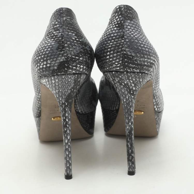 Pre Owned Sergio Rossi Grey/Black Python Knotted Peep Toe Platform Pumps Size 41