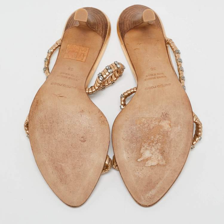 Pre Owned Sergio Rossi Gold Leather Crystal Embellished  Slide Sandals Size 35