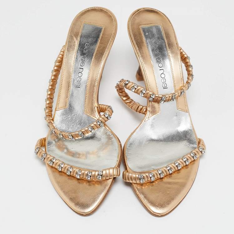 Pre Owned Sergio Rossi Gold Leather Crystal Embellished  Slide Sandals Size 35