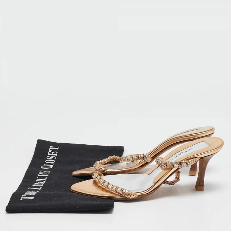 Pre Owned Sergio Rossi Gold Leather Crystal Embellished  Slide Sandals Size 35