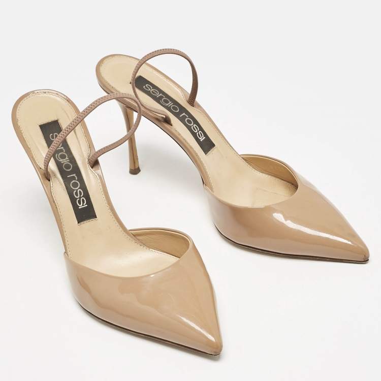 Pre Owned Sergio Rossi Beige Patent Leather Godiva Pointed Toe Slingback Pumps Size 40