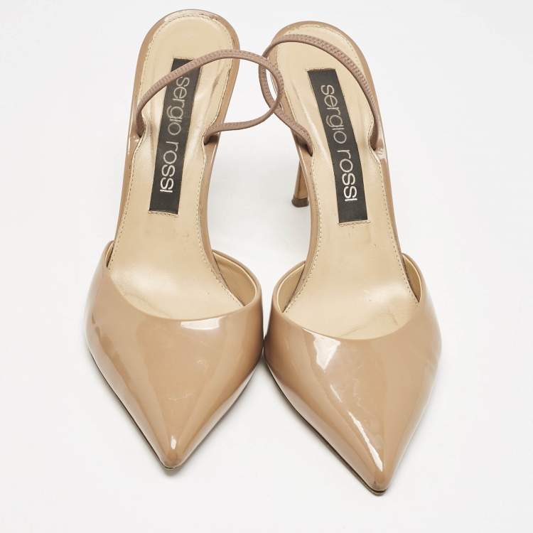 Pre Owned Sergio Rossi Beige Patent Leather Godiva Pointed Toe Slingback Pumps Size 40
