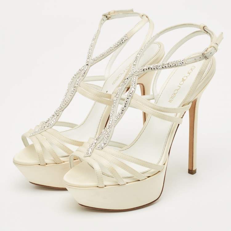 Pre Owned Sergio Rossi Cream Satin Crystal Embellished Platform Sandals Size 35.5