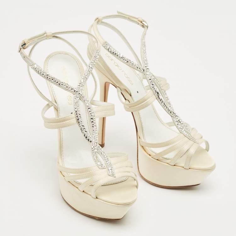 Pre Owned Sergio Rossi Cream Satin Crystal Embellished Platform Sandals Size 35.5