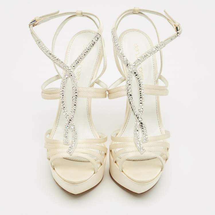 Pre Owned Sergio Rossi Cream Satin Crystal Embellished Platform Sandals Size 35.5