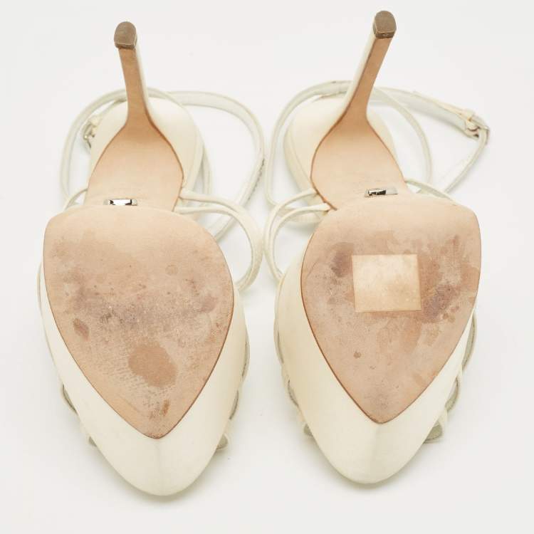 Pre Owned Sergio Rossi Cream Satin Crystal Embellished Platform Sandals Size 35.5