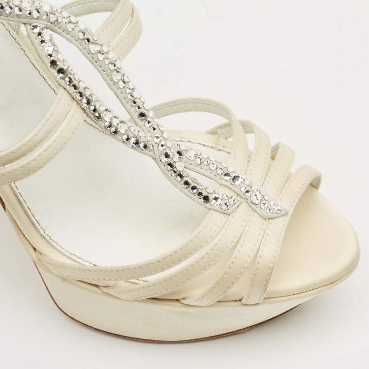 Pre Owned Sergio Rossi Cream Satin Crystal Embellished Platform Sandals Size 35.5