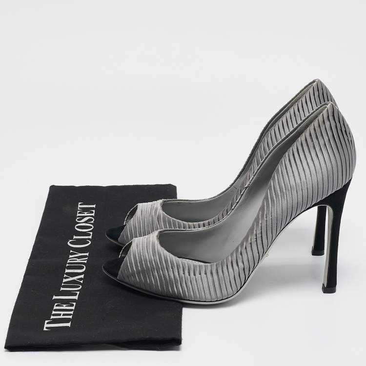 Pre Owned Sergio Rossi Grey Pleated Satin Peep Toe Pumps Size 38
