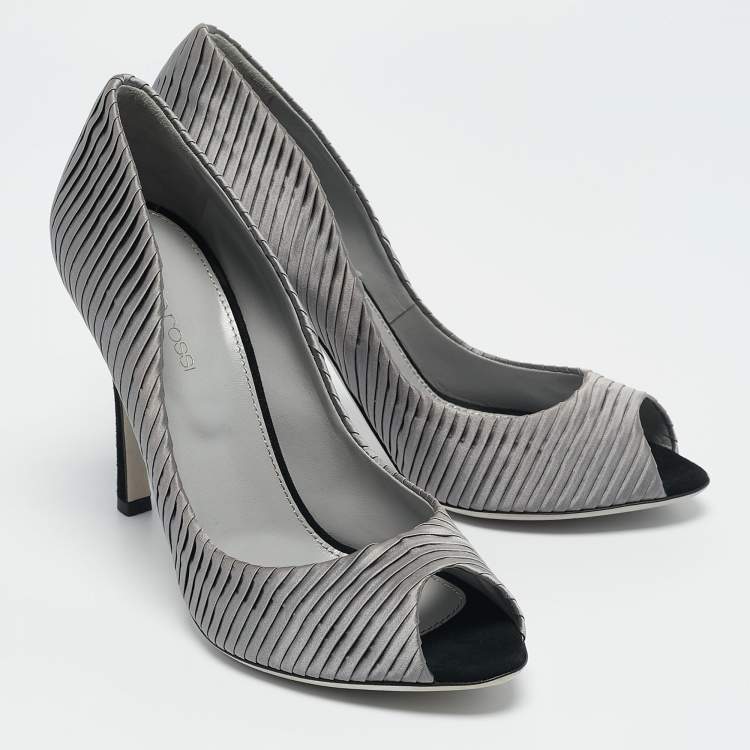 Pre Owned Sergio Rossi Grey Pleated Satin Peep Toe Pumps Size 38
