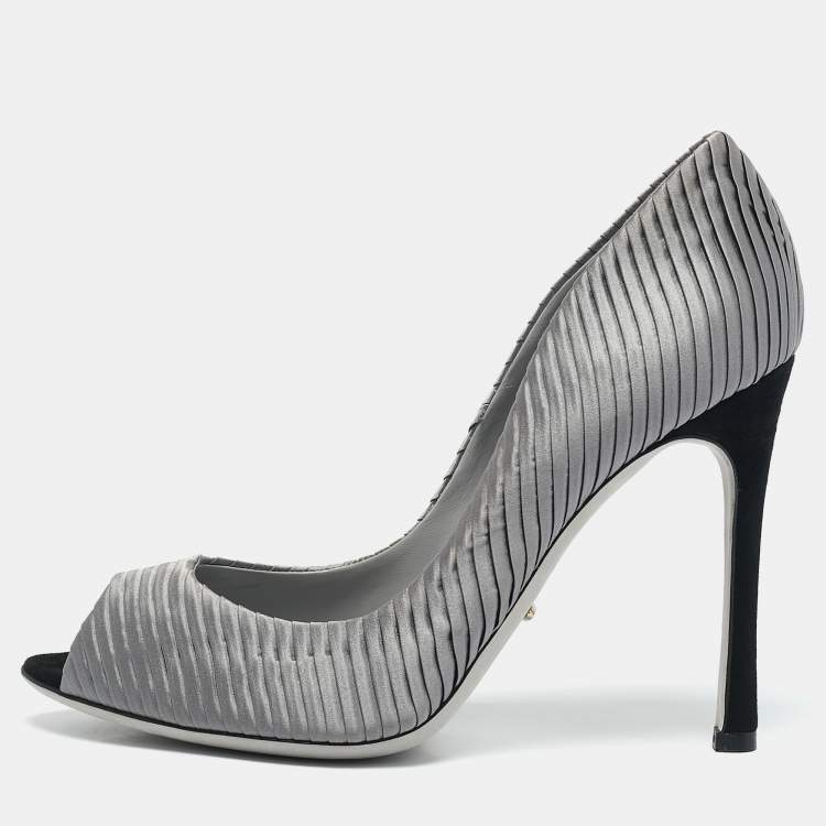Pre Owned Sergio Rossi Grey Pleated Satin Peep Toe Pumps Size 38