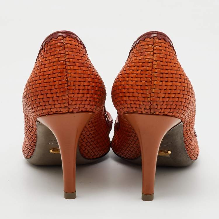 Pre Owned Sergio Rossi Burnt Orange Woven Leather Peep Toe Pumps Size 36