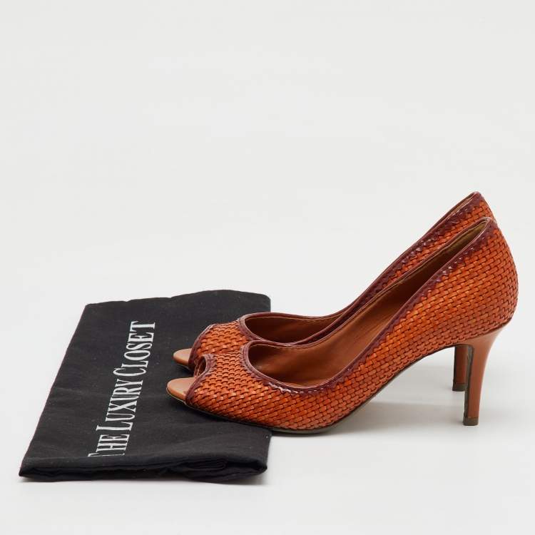 Pre Owned Sergio Rossi Burnt Orange Woven Leather Peep Toe Pumps Size 36