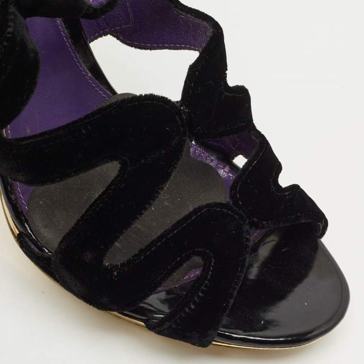 Pre Owned Sergio Rossi Black Velvet Strappy Sandals Size 38.5