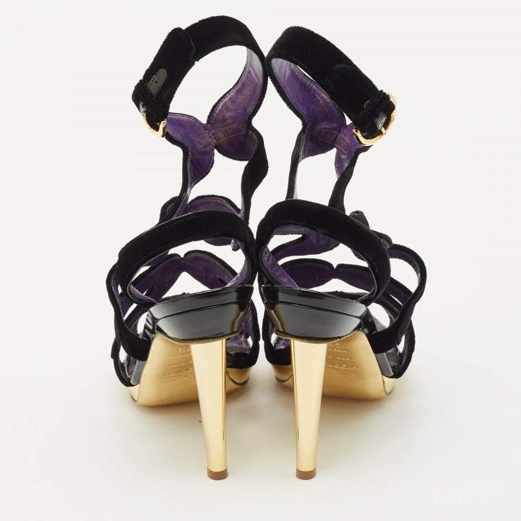 Pre Owned Sergio Rossi Black Velvet Strappy Sandals Size 38.5