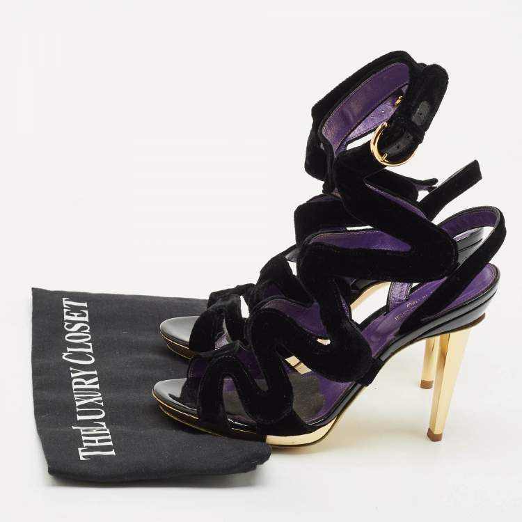 Pre Owned Sergio Rossi Black Velvet Strappy Sandals Size 38.5