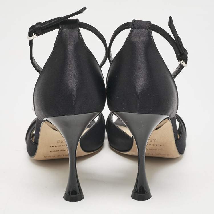 Pre Owned Sergio Rossi Black Satin Crystal Embellished Ankle Strap Sandals Size 38