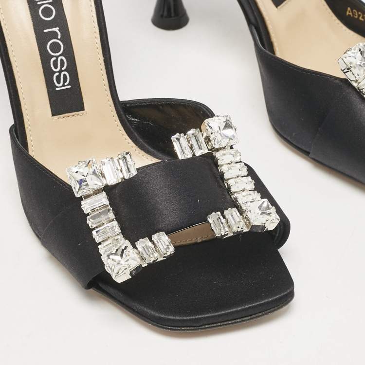 Pre Owned Sergio Rossi Black Satin Crystal Embellished Ankle Strap Sandals Size 38